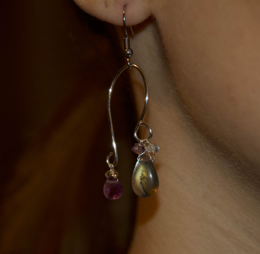 orecchino in labradorite, ametista, quarzo ialino