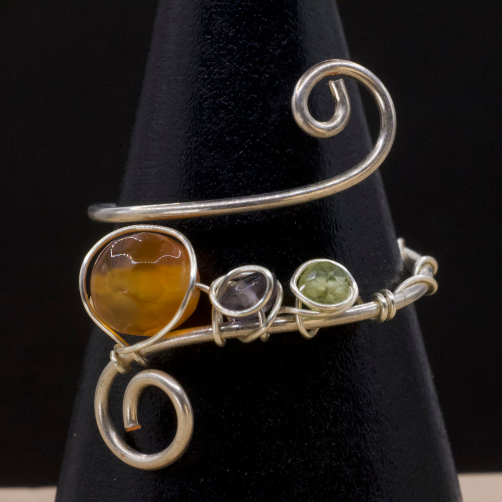 Anello in corniola, tanzanite e peridoto | spirale in rame placcato argento 925
