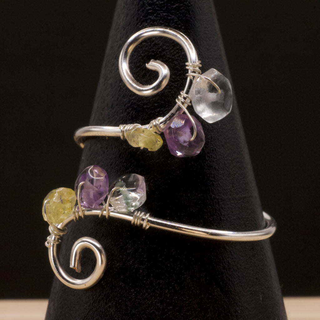 Anello in ametista, acquamarina e quarzo citrino | spirale rame placcato argento 925