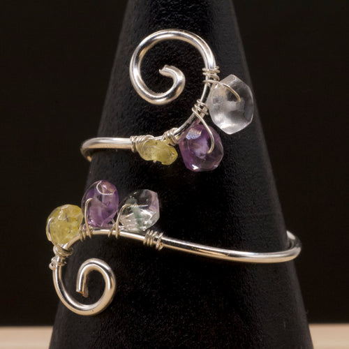 Anello in ametista, acquamarina e quarzo citrino | spirale rame placcato argento 925